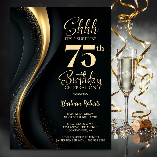 Invitación Black and Gold Surprise 75th Birthday Party (Subido por el creador)