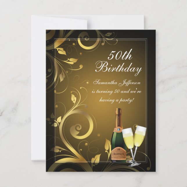 Invitación Black and Gold Swirl, fiesta de cumpleaños número  (Anverso)