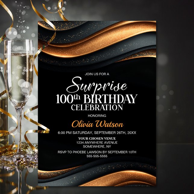 Invitación Black and Orange Surprise 100th Birthday (Subido por el creador)