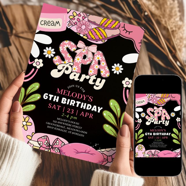 Invitación Black and Pink Retro Daisy Spa Party Birthday (Subido por el creador)