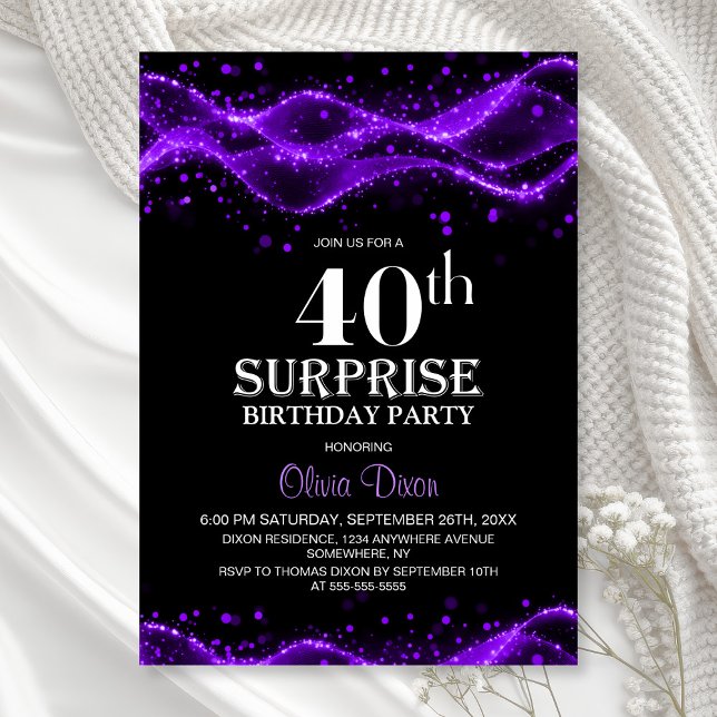 Invitación Black and Purple Surprise 40th Birthday Party (Subido por el creador)