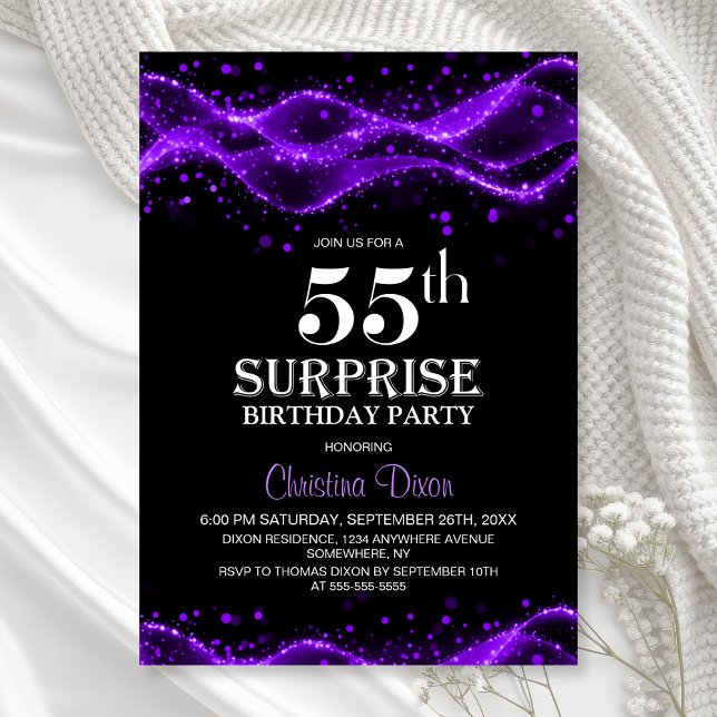 Invitación Black and Purple Surprise 55th Birthday Party (Subido por el creador)