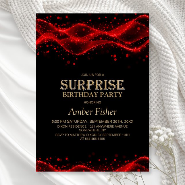 Invitación Black and Red Surprise Any Age Birthday Party (Subido por el creador)