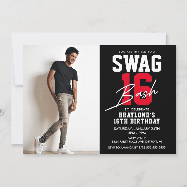 Invitación Black and Red Swag 16 Cumpleaños (Anverso)