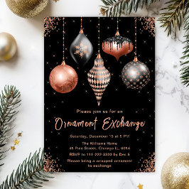 Invitación Black and Rose Gold Ornament Exchange Party