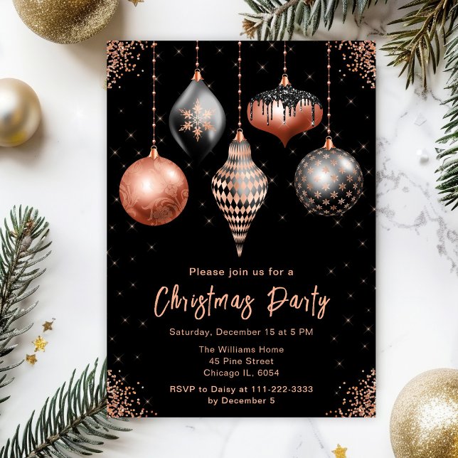 Invitación Black and Rose Gold Ornaments Christmas Party (Subido por el creador)
