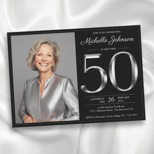 Invitación Black and Silver 50 cumpleaños (Black and Silver 50th Birthday Invitation)