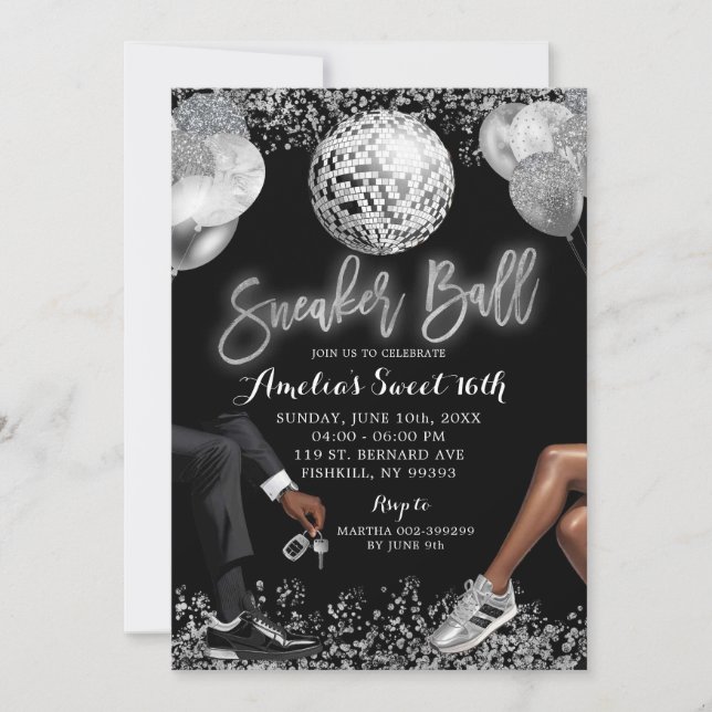 Invitación Black and Silver Disco Sneaker Ball Cumpleaños (Anverso)