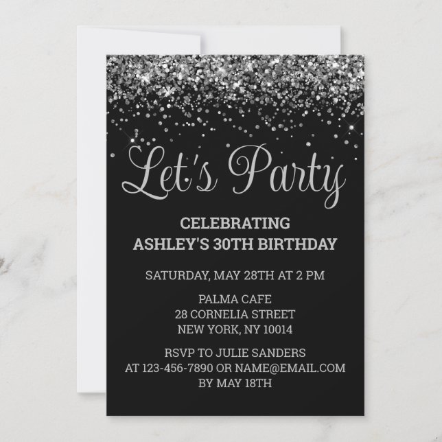 Invitación Black and Silver Glitter 30th Birthday Party 30 (Anverso)