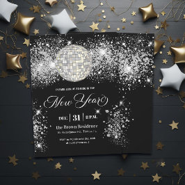 Invitación Black and Silver Glitter New Year's Eve Party