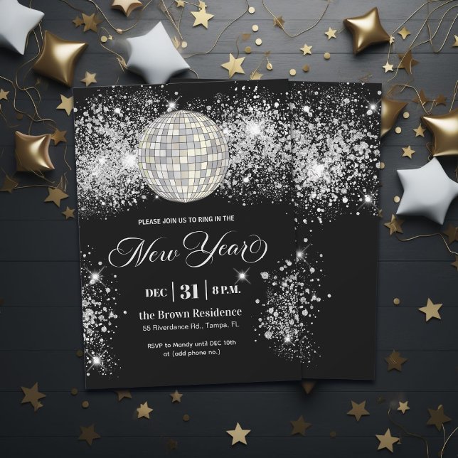 Invitación Black and Silver Glitter New Year's Eve Party  (Subido por el creador)