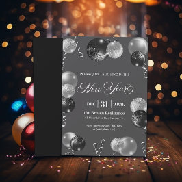 Invitación Black and Silver Glitter New Year's Eve Party