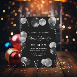 Invitación Black and Silver Glitter New Year's Eve Party