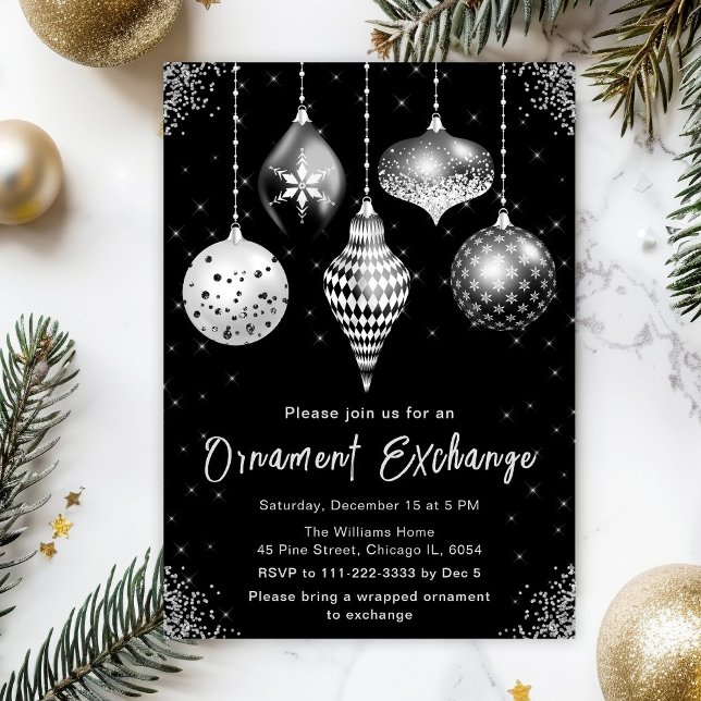 Invitación Black and Silver Ornament Exchange Party (Subido por el creador)