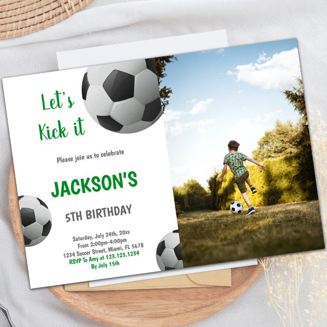 Invitación Black and White  Ball Green Text Soccer photo (Black and White Ball Green Text Soccer photo Invitation)
