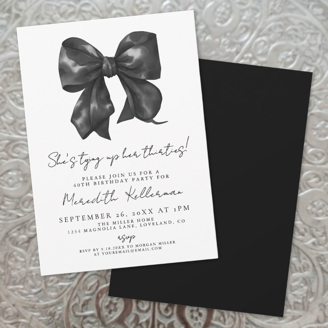 Invitación Black And White Bow Cumpleaños 40 (Hand Drawn Black White Bow Bridal Shower Invitation)