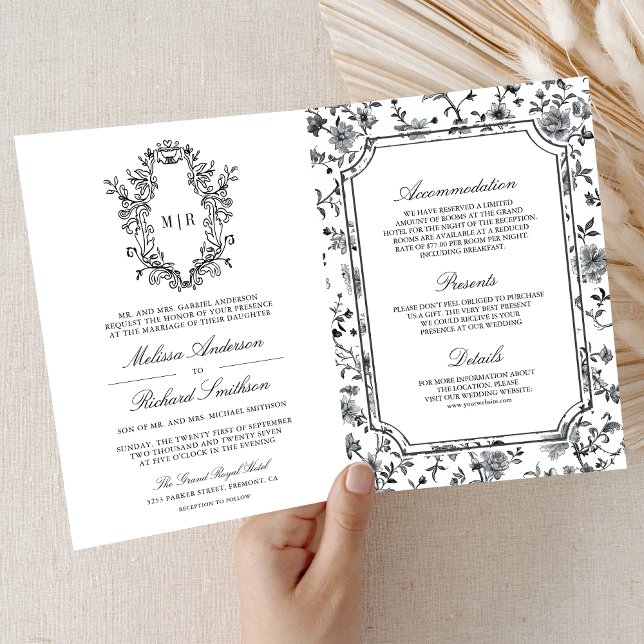 Invitación Black and White Chinoiserie Crest QR Code Wedding (Subido por el creador)