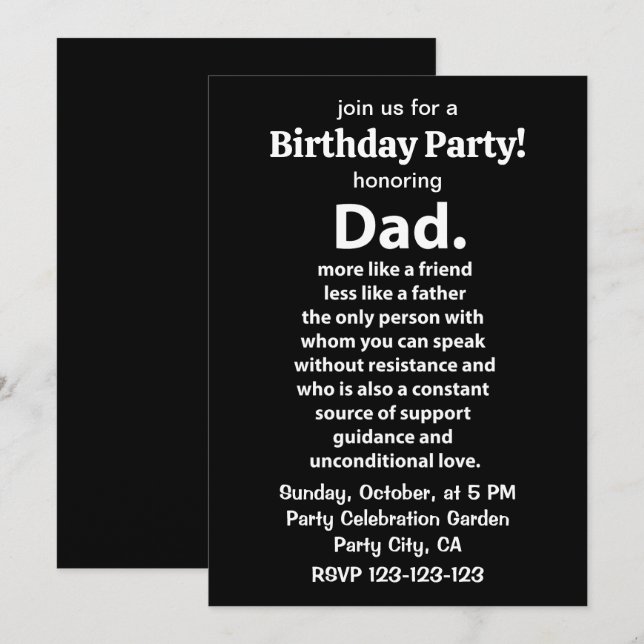 Invitación Black and White Dad Daddy Quote Birthday Party (Anverso / Reverso)