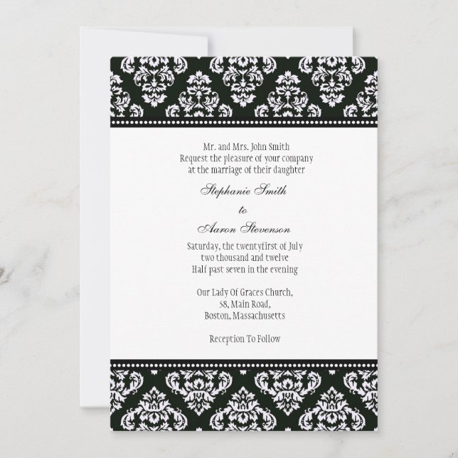 Invitación Black and White Damask Wedding Invitation (Anverso)