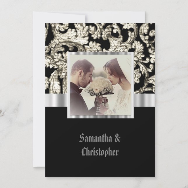 Invitación Black and white damask wedding photo invitation (Reverso)
