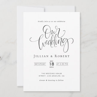 Invitación black and white elegant script wedding invitation