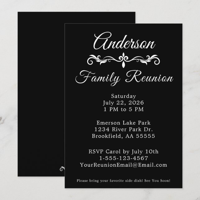 Invitación Black and White Family Reunion Elegant Script  Inv (Anverso / Reverso)