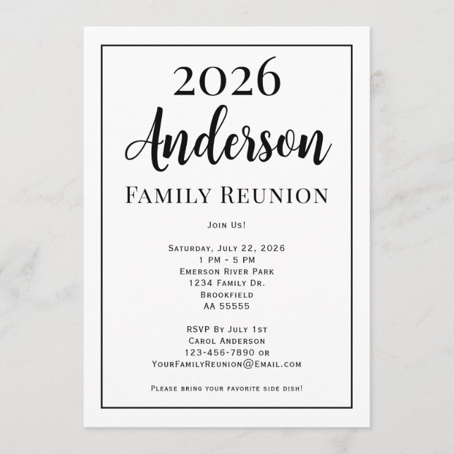 Invitación Black and White Family Reunion Modern Simple (Anverso)