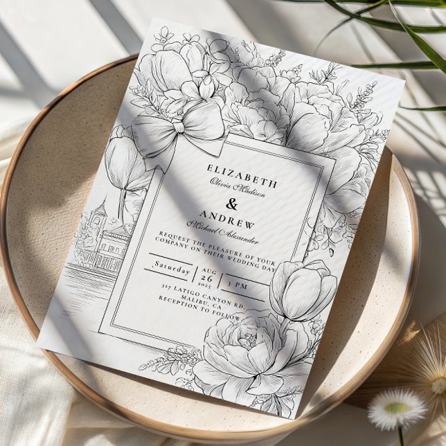 Invitación Black and White Floral Bow Wedding (Subido por el creador)