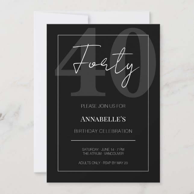 Invitación Black and White Forty 40th Birthday Celebration  (Anverso)