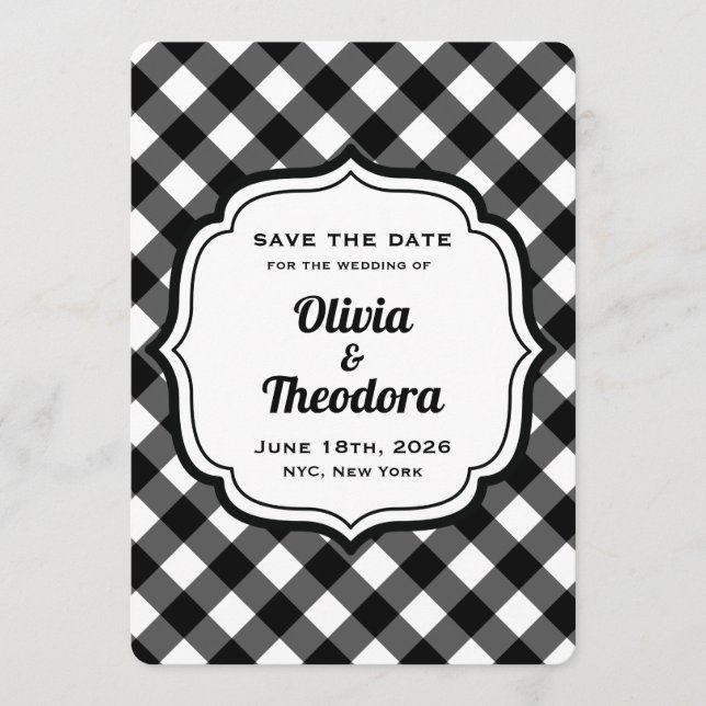 Invitación Black and White Gingham Save the Date Cards (Anverso)