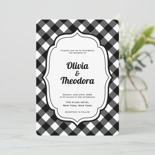 Invitación Black and White Gingham wedding invitation (Anverso de pie)
