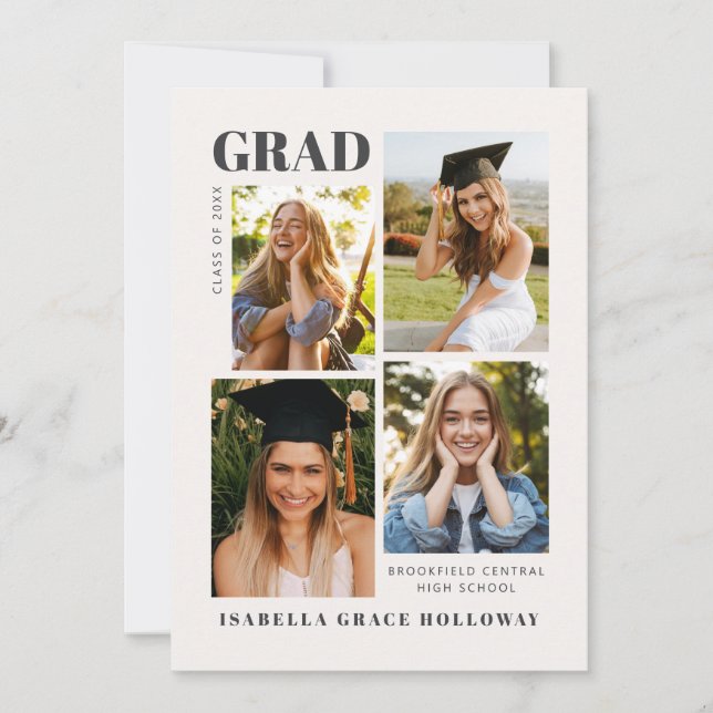 Invitación Black and White Grad Announcement With Photos (Anverso)