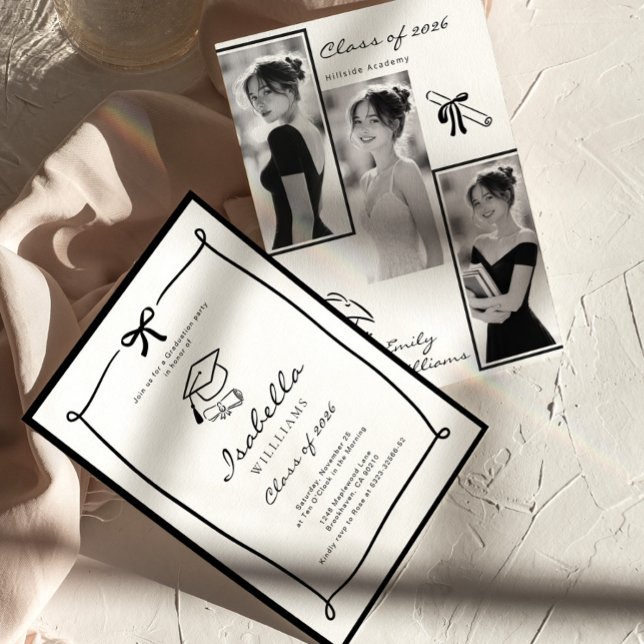 Invitación Black and White Hand Drawn Bow graduation (Subido por el creador)