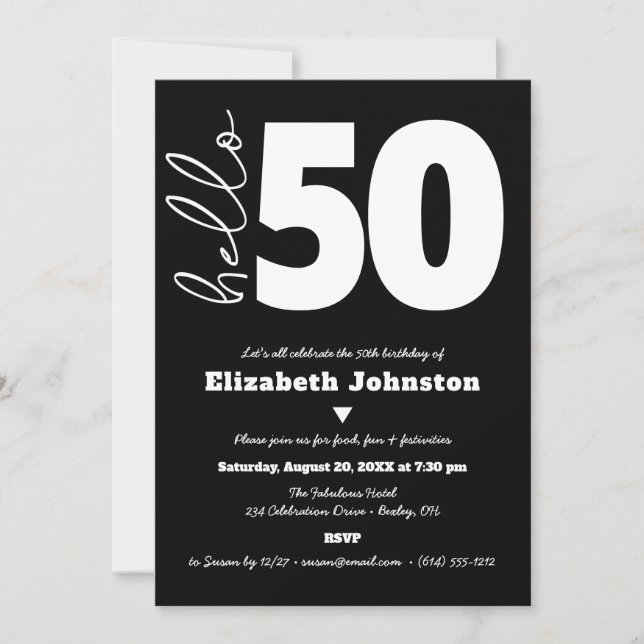 Invitación Black and White Hello 50 Fabulous Birthday Bold (Anverso)