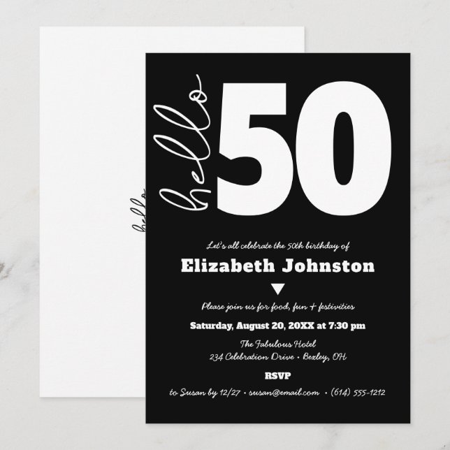 Invitación Black and White Hello 50 Fabulous Birthday Bold (Anverso / Reverso)