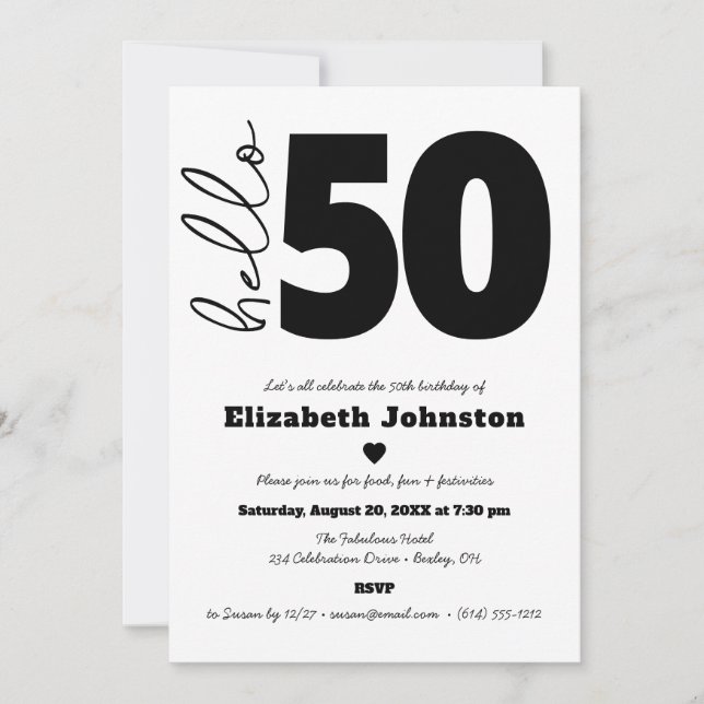 Invitación Black and White Hello 50 Fabulous Birthday Modern (Anverso)