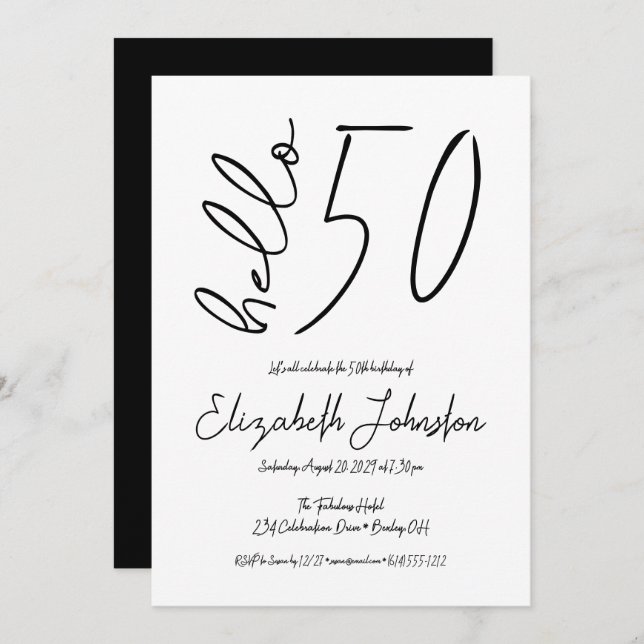 Invitación Black and White Hello 50 Fabulous Birthday Simple (Anverso / Reverso)