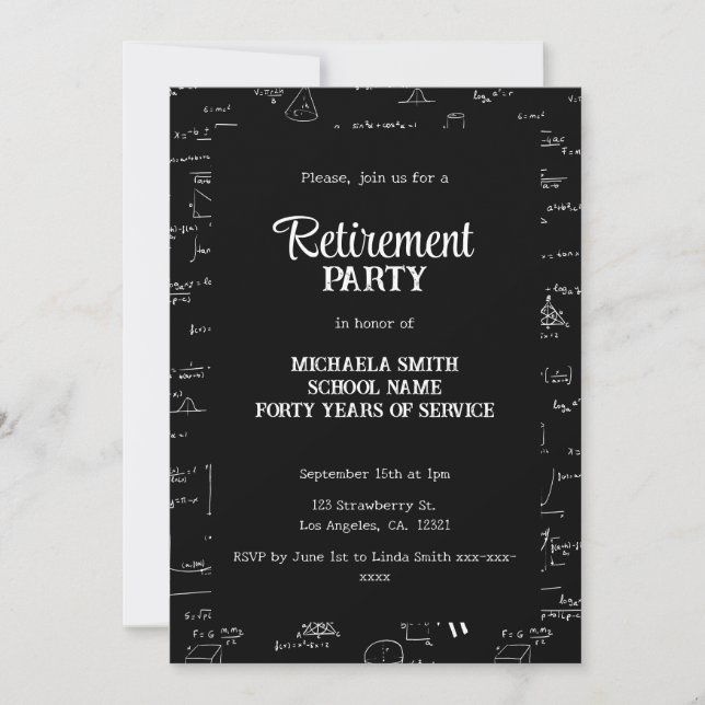 Invitación Black and White Math Teacher Retirement Party (Anverso)