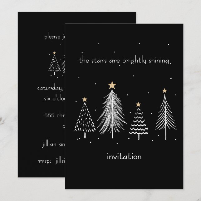 Invitación Black and White Modern Christmas Tree Gold Stars (Anverso / Reverso)