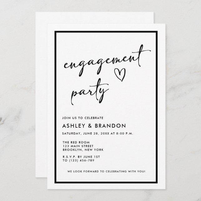 Invitación Black and White Modern Engagement Party (Anverso / Reverso)