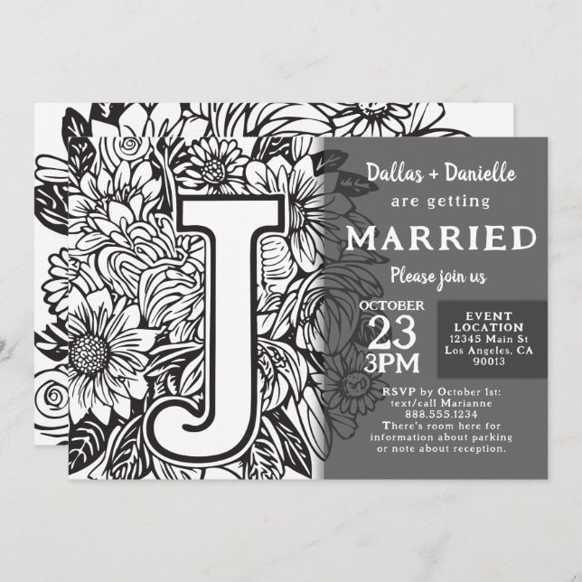 Invitación Black and White Monogram J Tattoo Flowers Wedding (Anverso / Reverso)