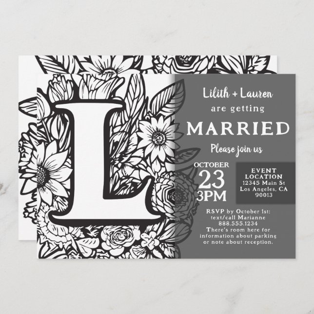 Invitación Black and White Monogram L Tattoo Flowers Wedding (Anverso / Reverso)