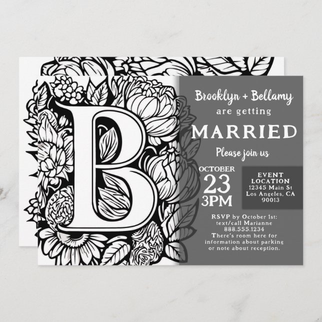 Invitación Black and White Monogram Tattoo Flowers Wedding (Anverso / Reverso)