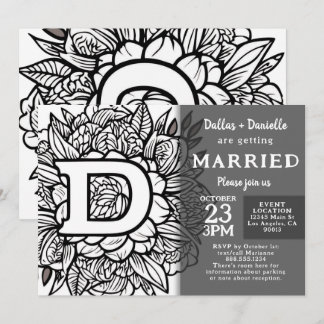 Invitación Black and White Monogram Tattoo Flowers Wedding