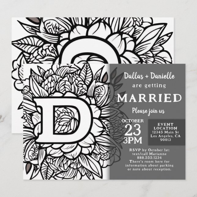 Invitación Black and White Monogram Tattoo Flowers Wedding (Anverso / Reverso)