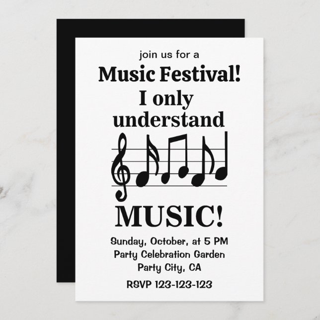Invitación Black and White Music Notes Music Festival (Anverso / Reverso)
