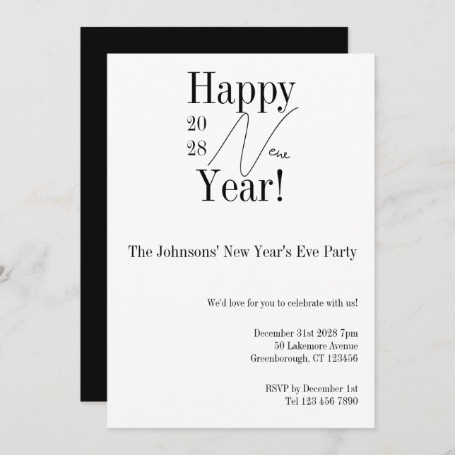 Invitación Black and White New Year's Eve Party (Anverso / Reverso)