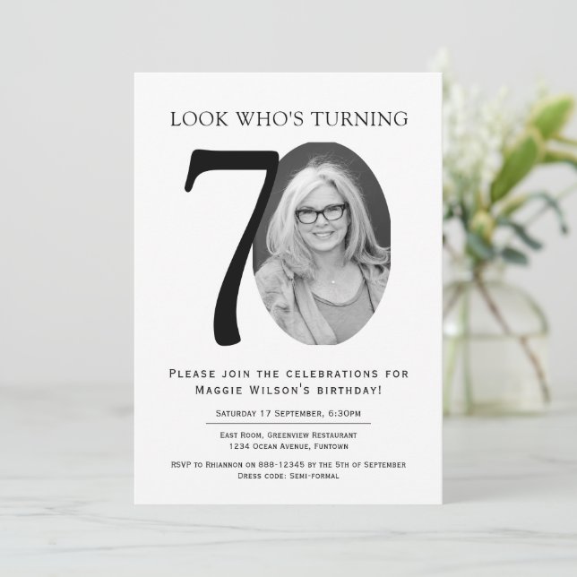 Invitación Black and White Photo 70th Birthday (Anverso de pie)