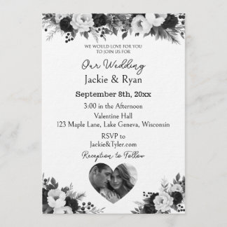 Invitación Black and White Photo Template Botanical  Wedding 