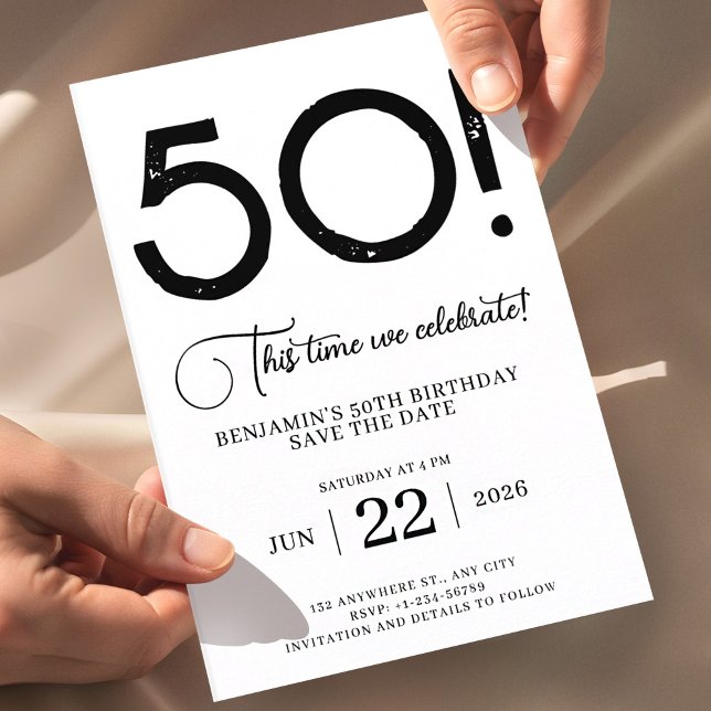 Invitación Black and White Save The Date 50 cumpleaños (50th Birthday Invitation, Minimal Black Save the Date, Editable Birthday Invite, Milestone Party Inv)